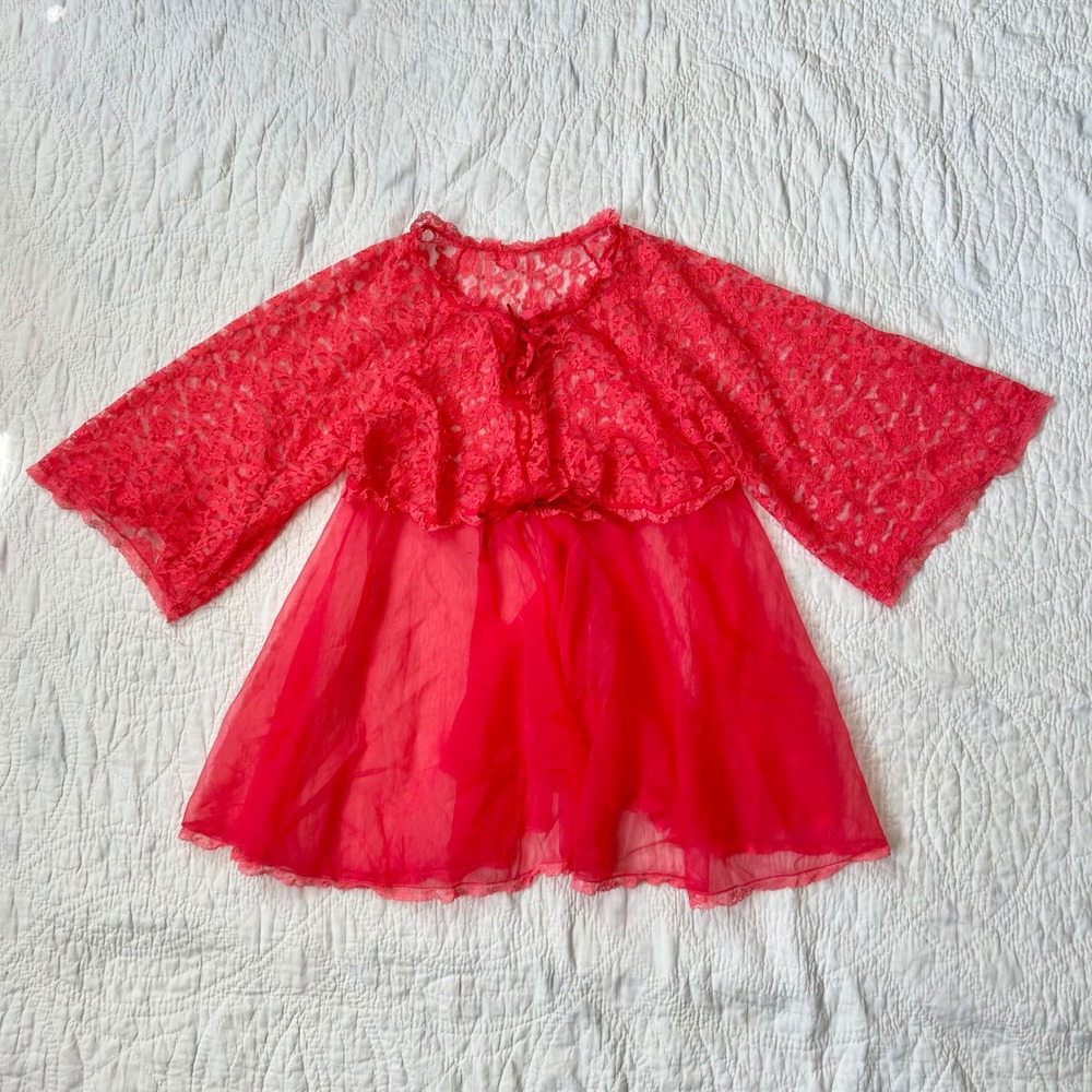 Vintage 1960s Red pink Sheer Lace Babydoll Lingerie bed jacket Bell Sleeve